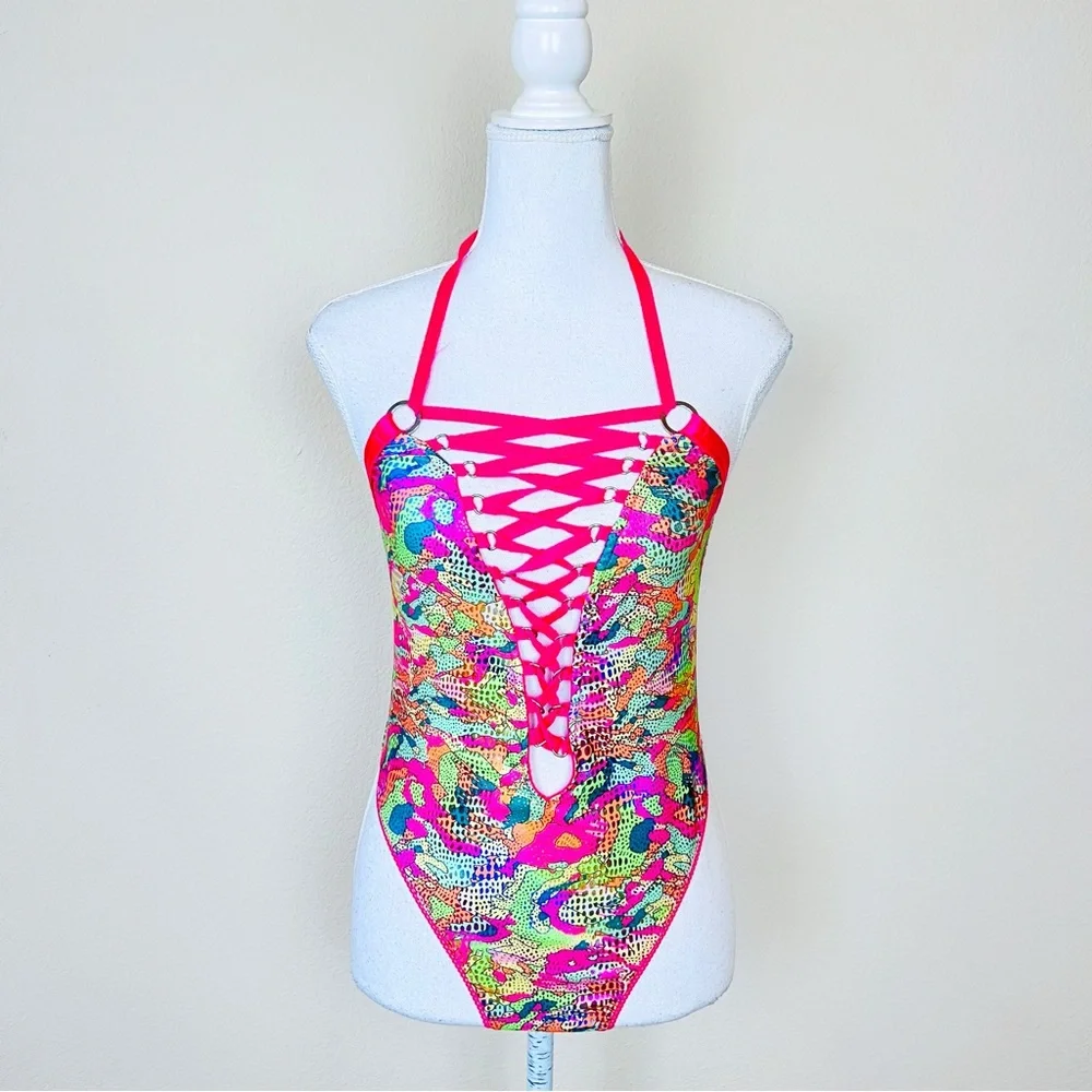 HTF Club Exx Hot Pink & Green Foil Lace Up Rivet Strappy Rave Halter Bodysuit - Picture 4 of 15